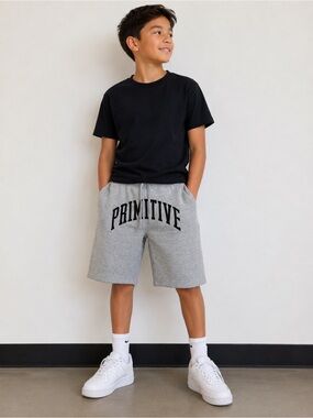 Primitive Light Gray Athletic Drawstring Shorts with Black Logo